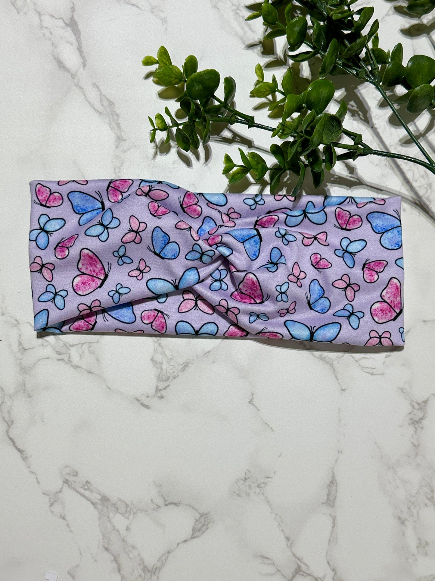 Pink/Blue Butterfly on Purple Twist Headband