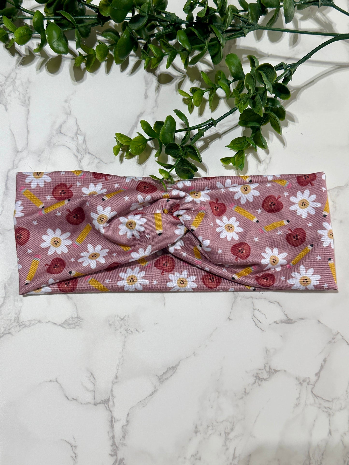 Back to School Twist Headband - Apples, Pencils, and Daisies