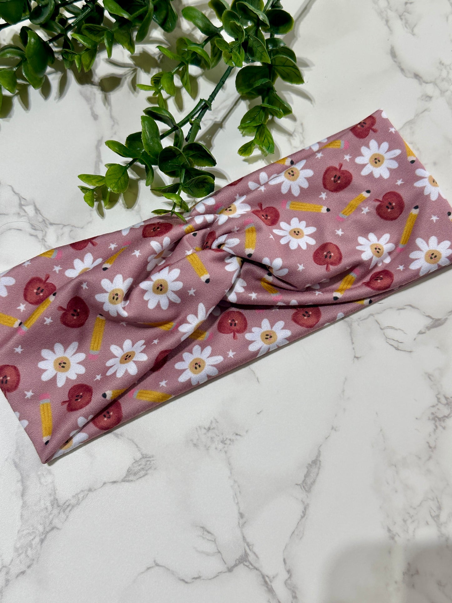Back to School Twist Headband - Apples, Pencils, and Daisies
