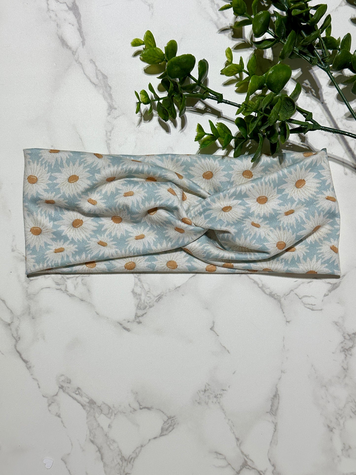White Daisy on Blue twist headband