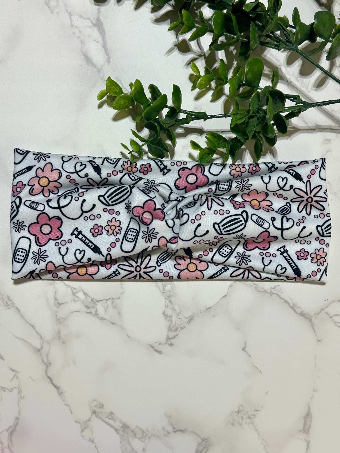Nurse/Pink Flowers Twist Headband