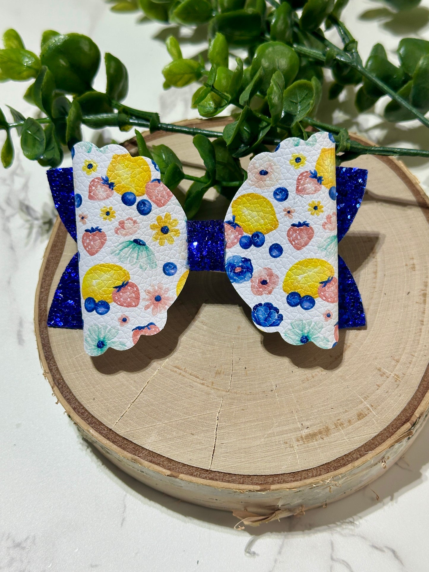 Lemons and Berries on Dark Blue Glitter Hairbow