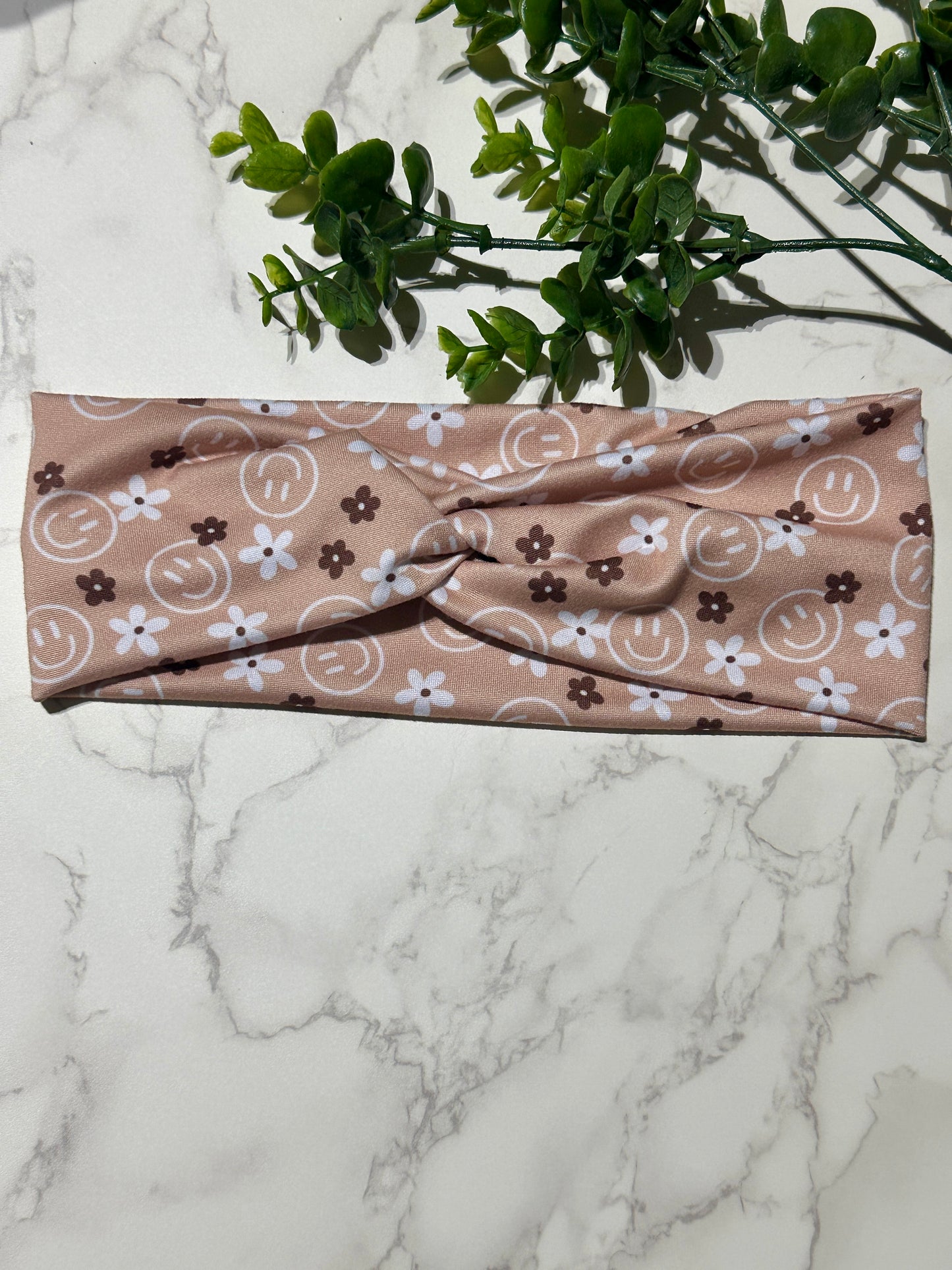 Smiles and Flowers on Taupe Twist Headband