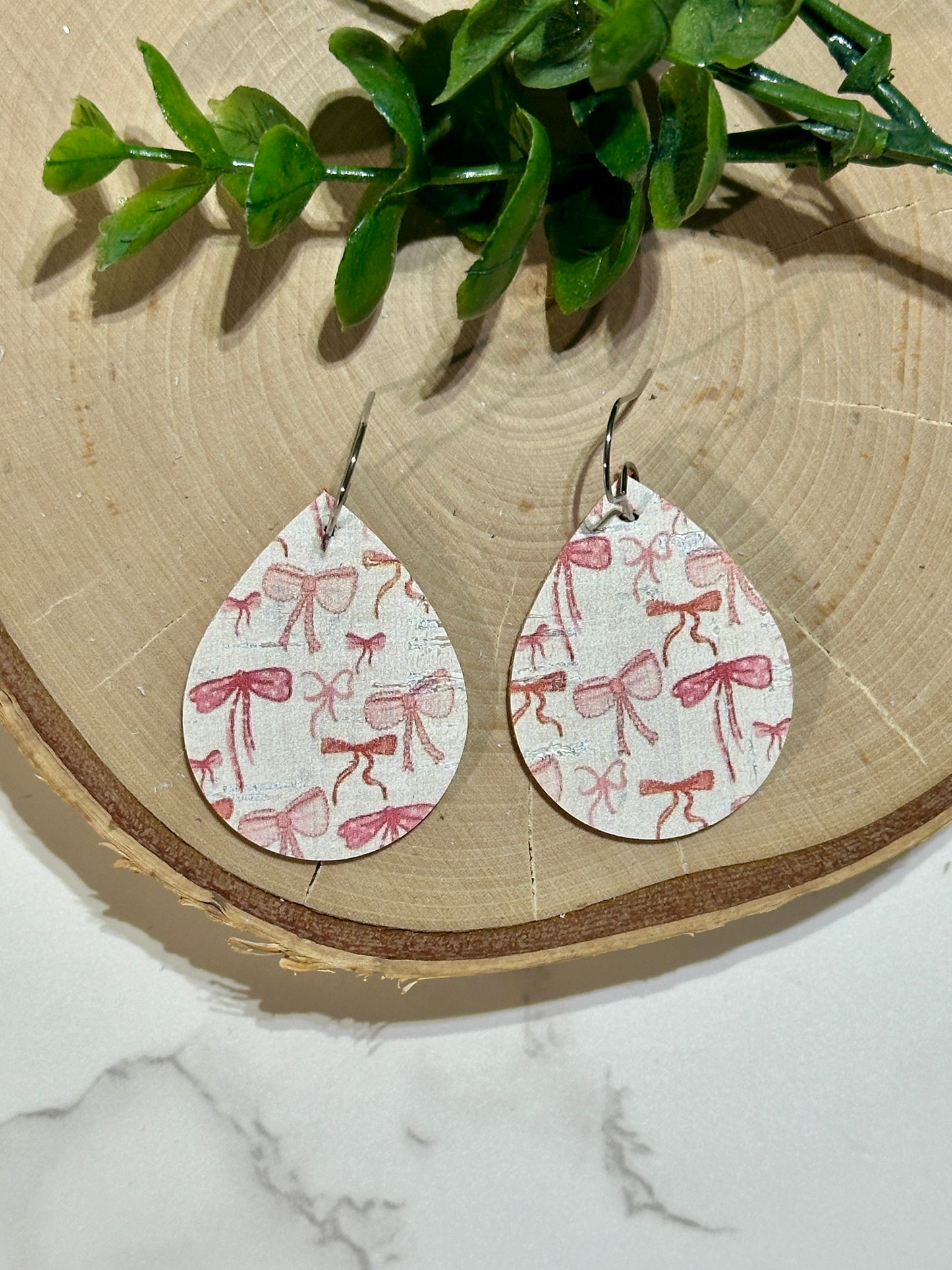 Small Teardrop Earrings - Pink Coquette Bows on White