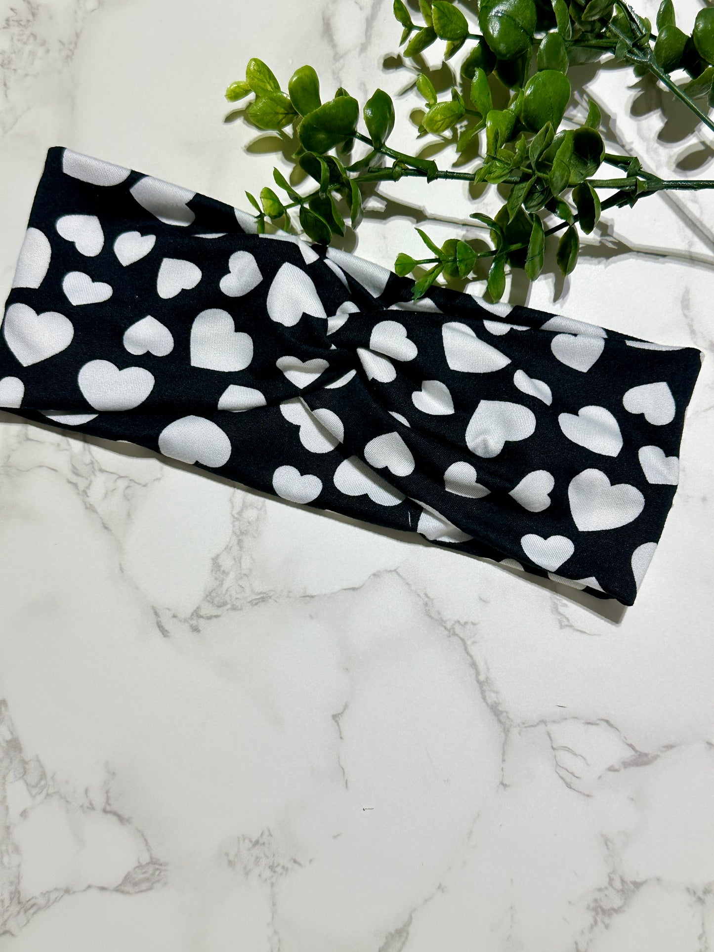 White Hearts on Black Twist Headband