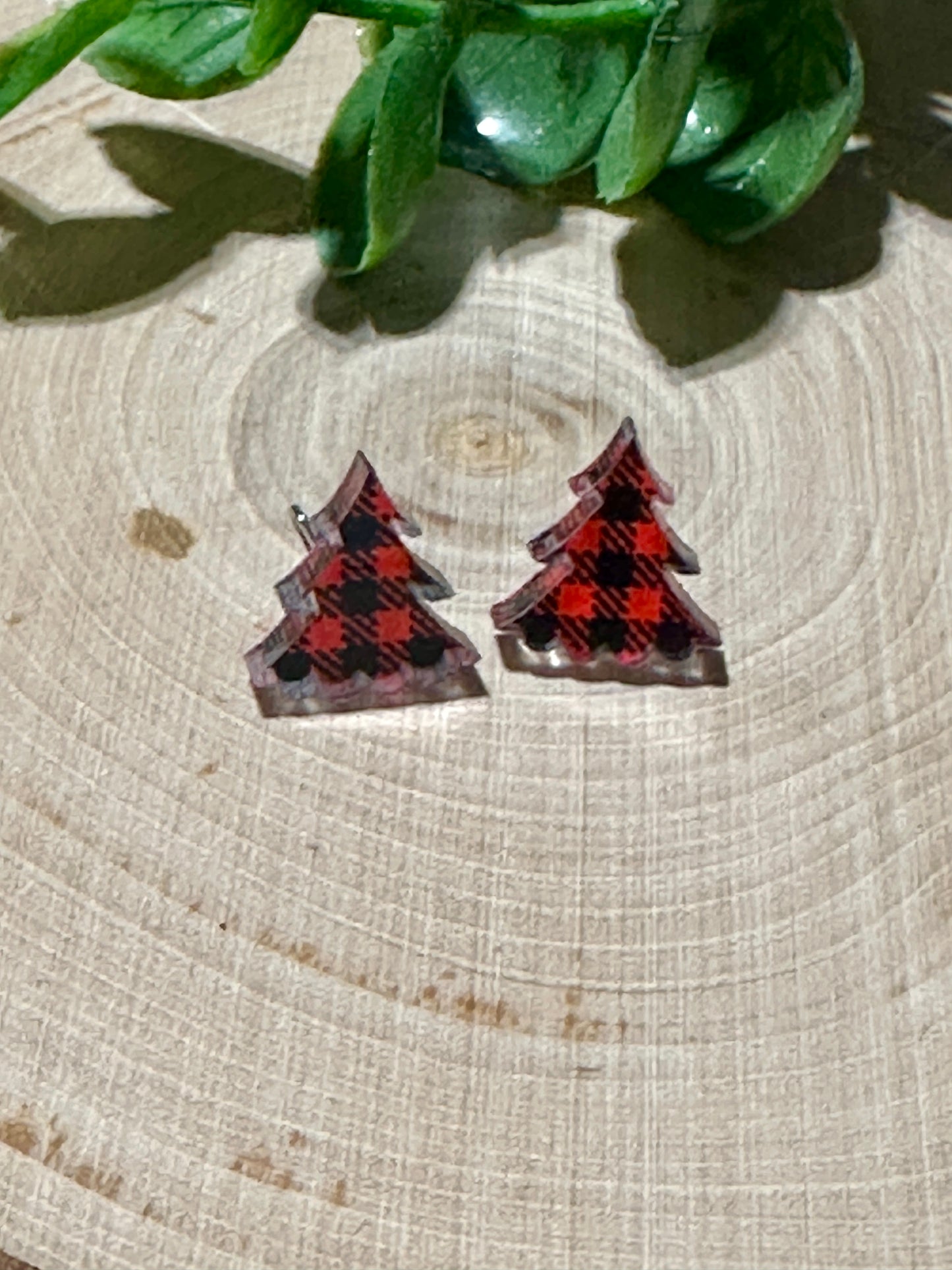 Christmas Tree Buffalo Plaid/Clear Stud Earrings