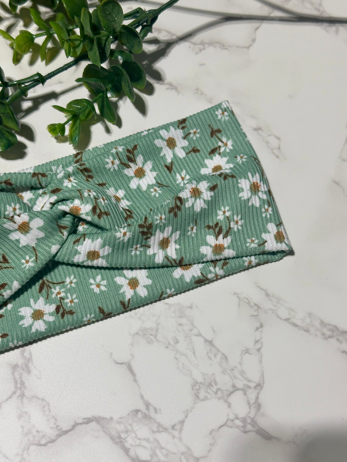 White Flowers on Sage Ribbed Twist Headband