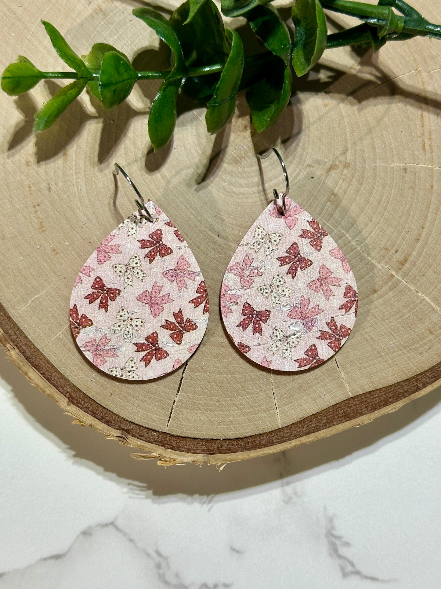 Small Teardrop Earrings - Pink Coquette Bows on Pink