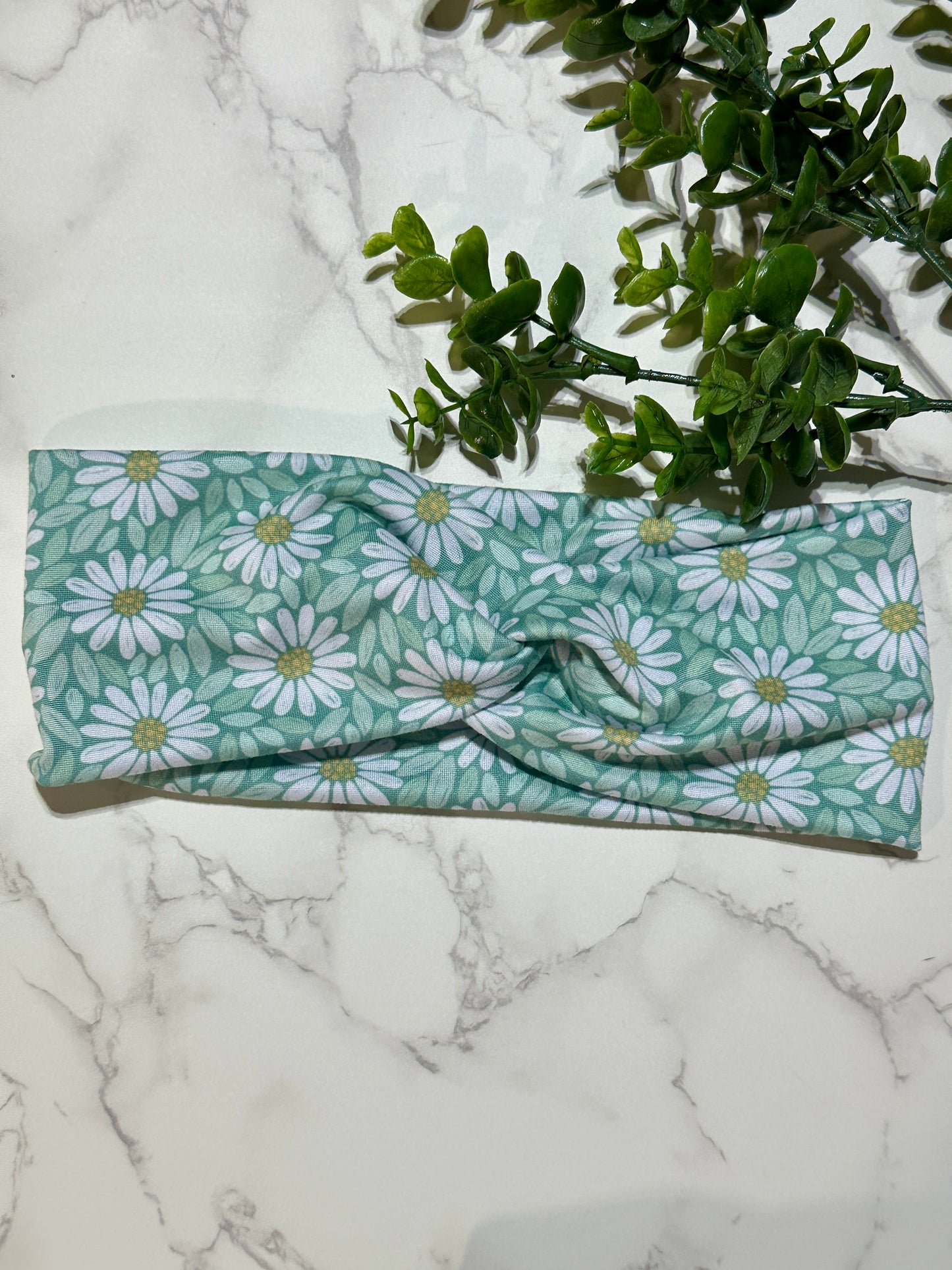 Daisies on Dark Mint Twist Headband