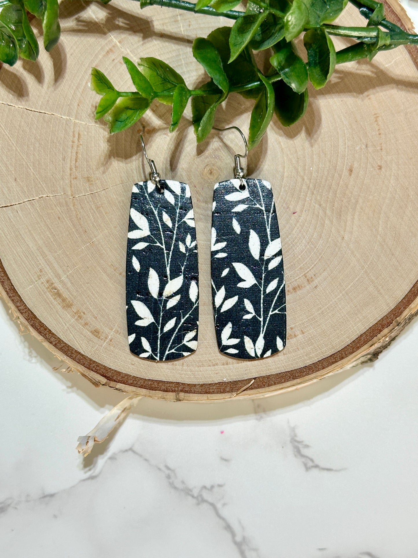 Bar Earrings - White Leaves on Black