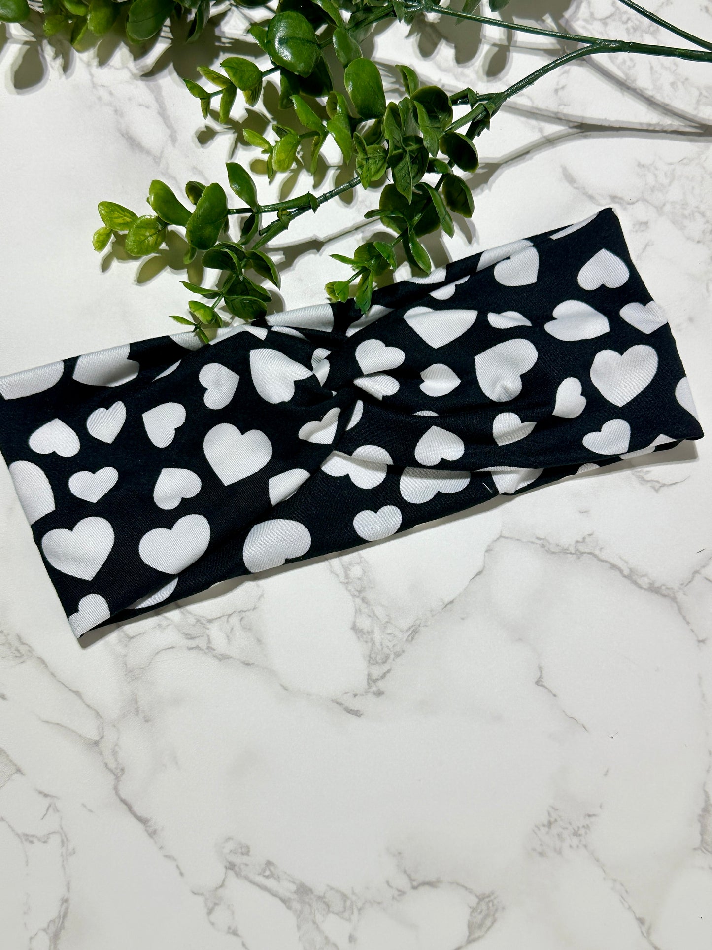 White Hearts on Black Twist Headband