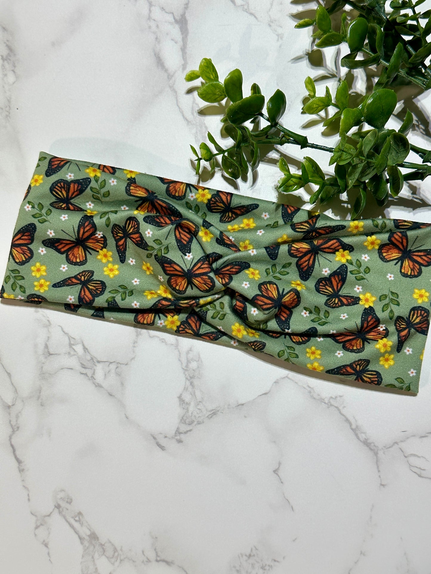 Monarch Butterflies on Green Twist Headband