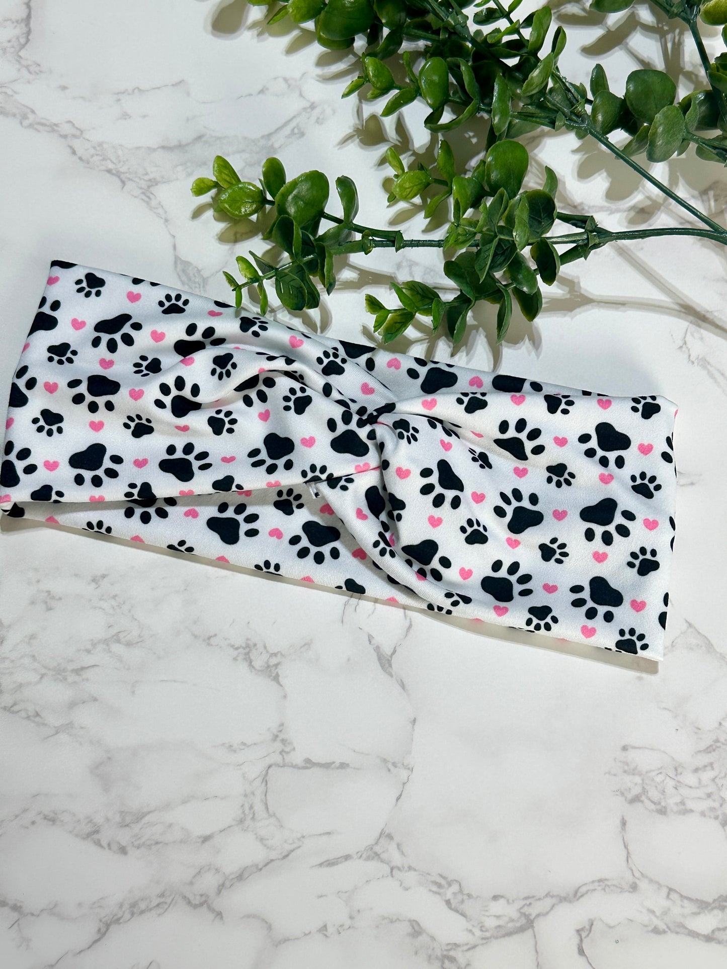 Black/White Paw Print Pink Hearts Twist Headband