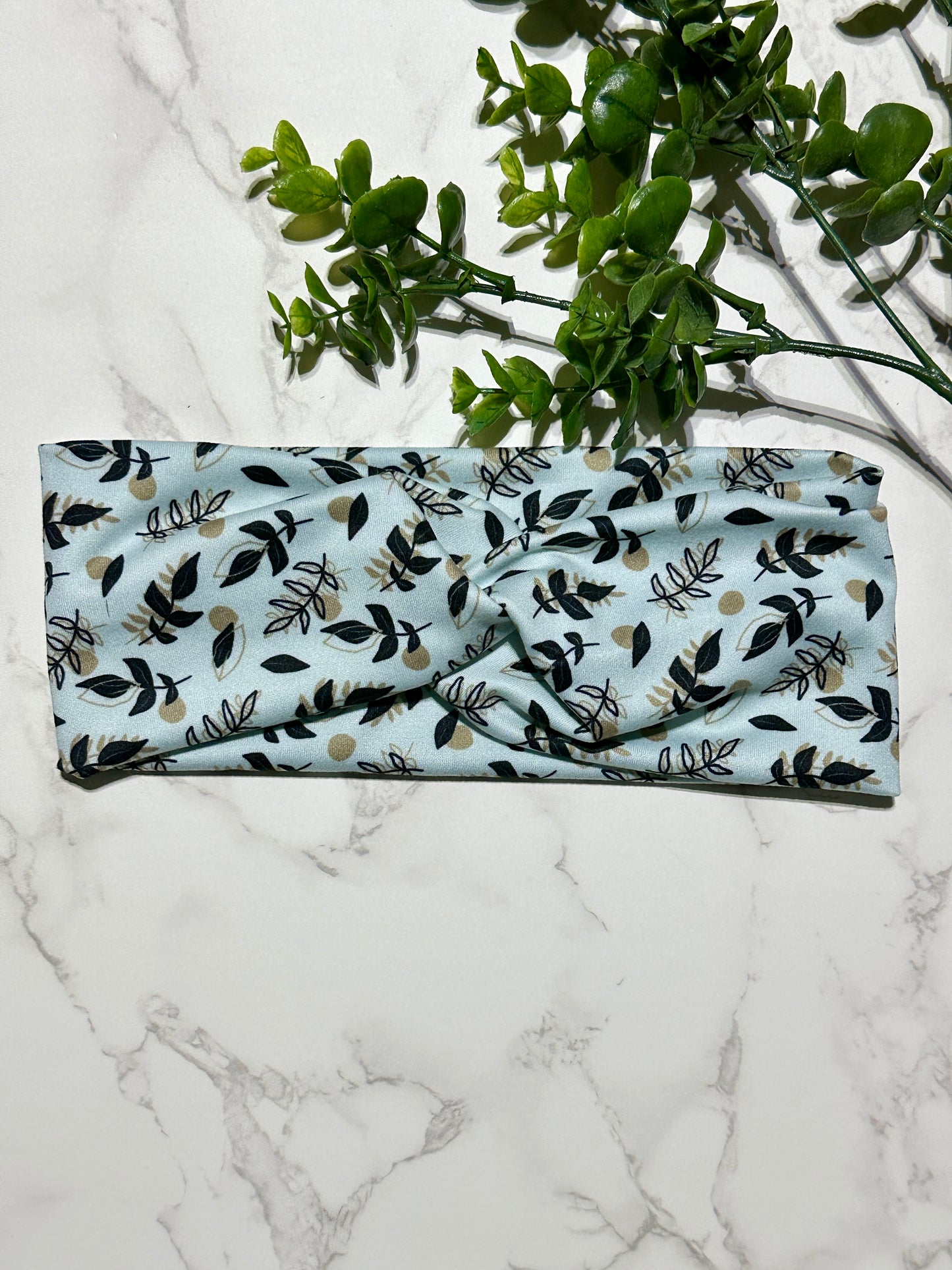 Boho Leaves on Blue Twist Headband