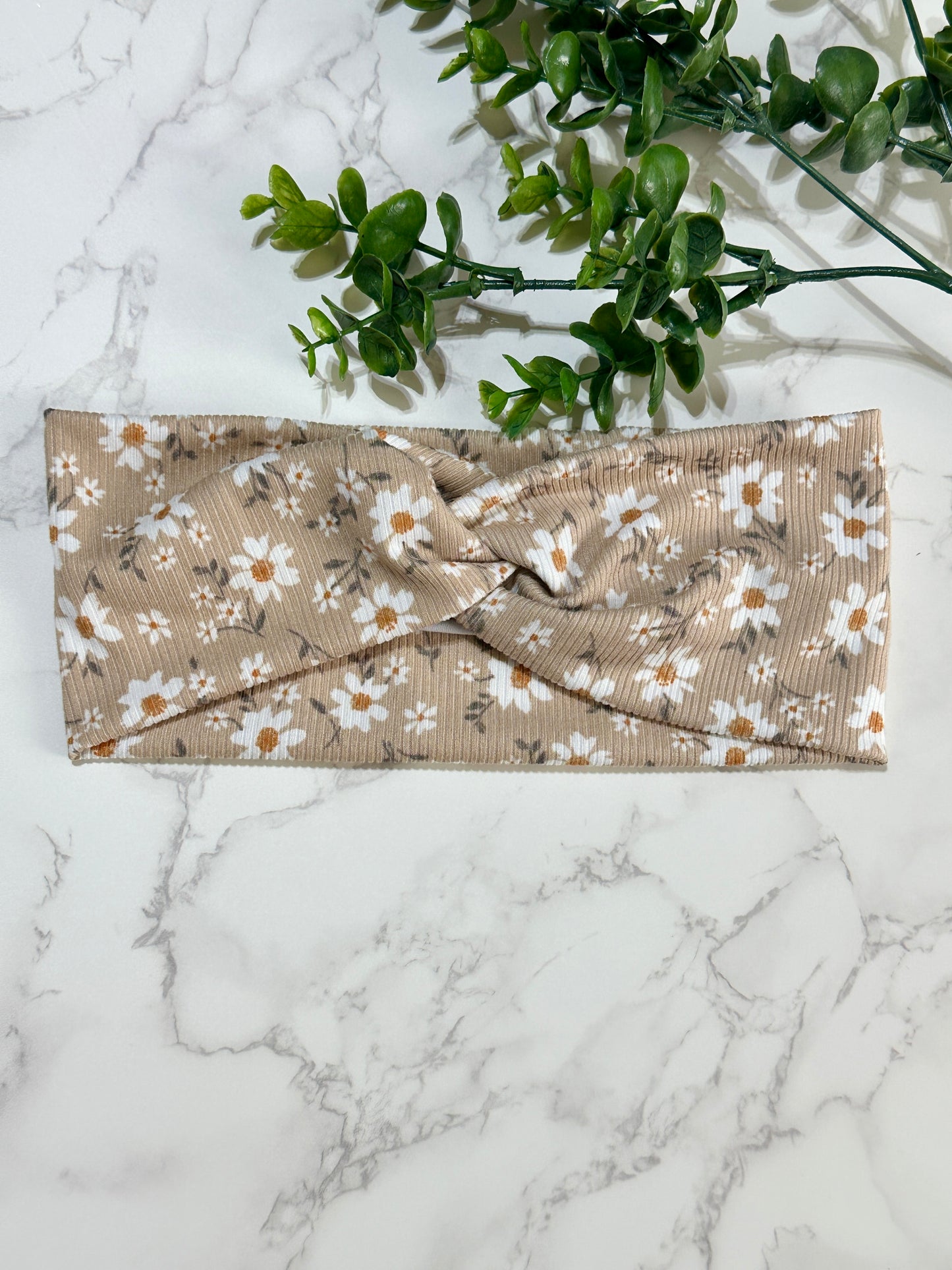 White Flowers on Tan Ribbed Twist Headband