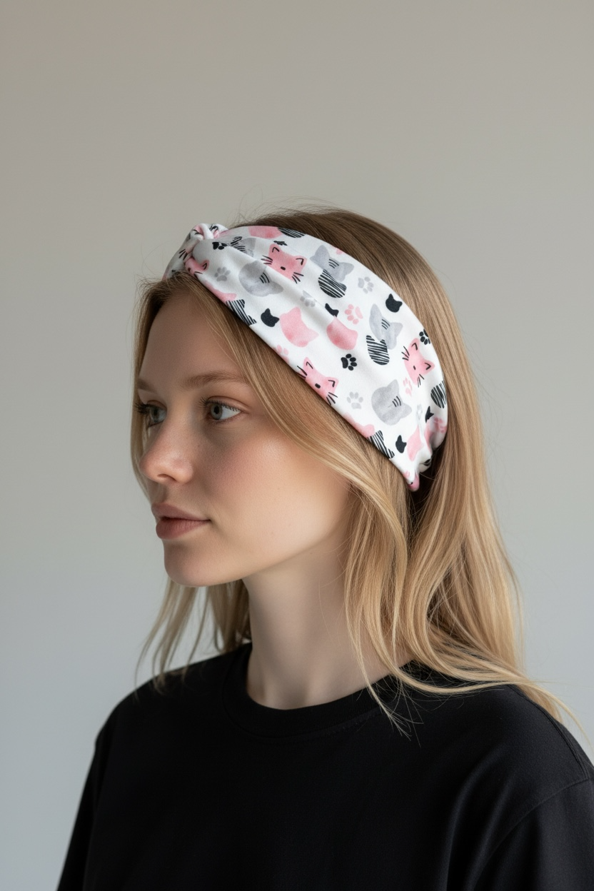 Pink/Grey Cats Twist Headband