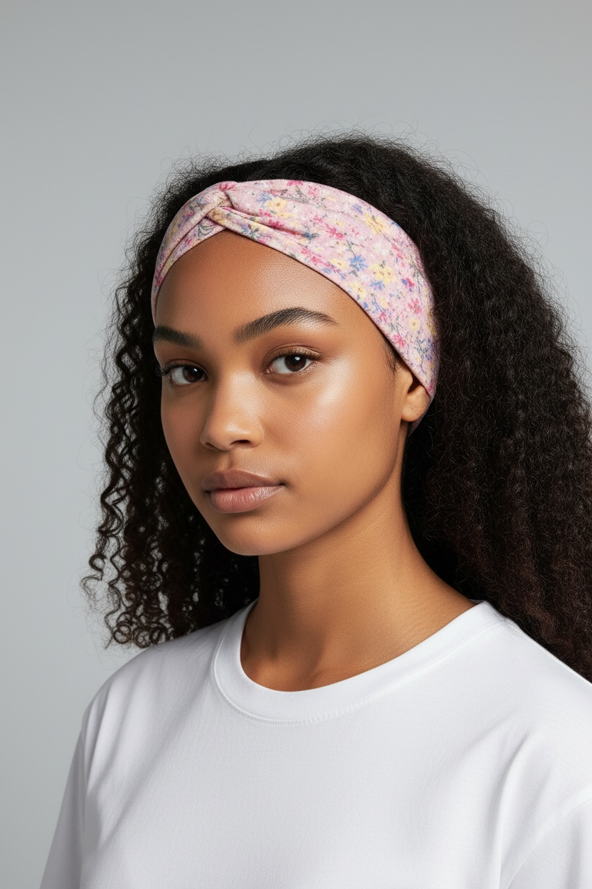Pink Floral Ribbed Twist Headband