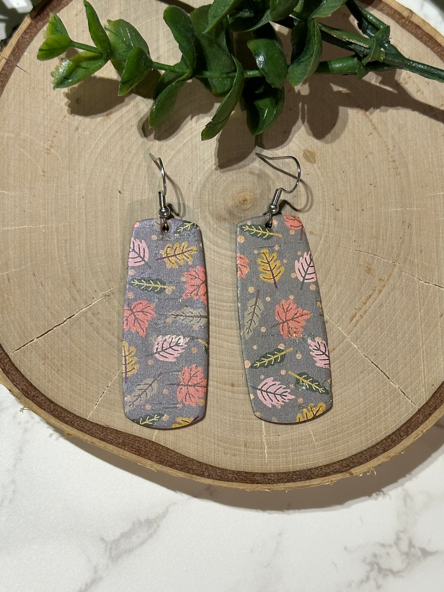 Bar Earrings - Fall Leaves on Green