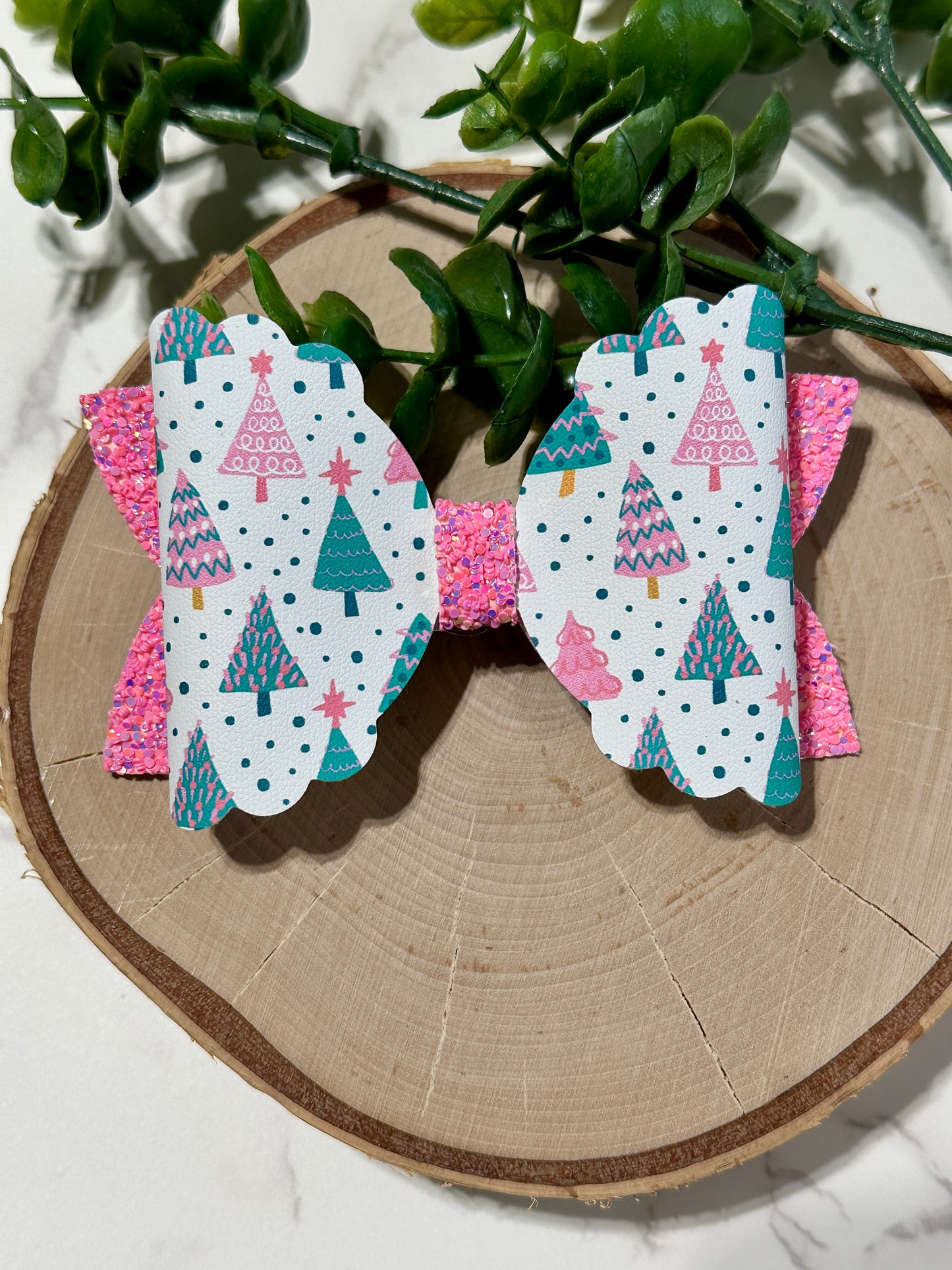 Pastel Trees on Pink Glitter Hair Bow