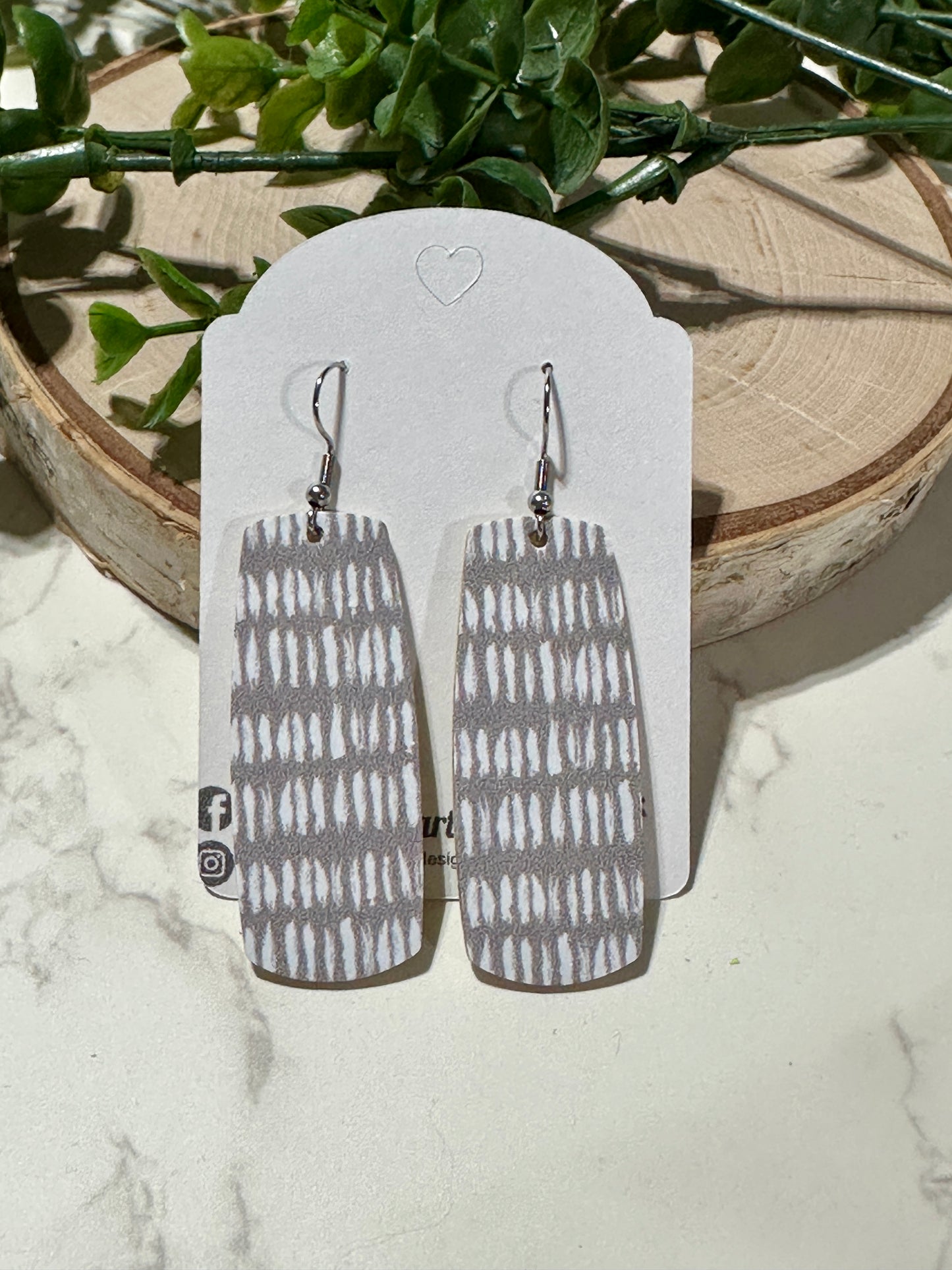 Bar Earrings - White Dashes on Gray