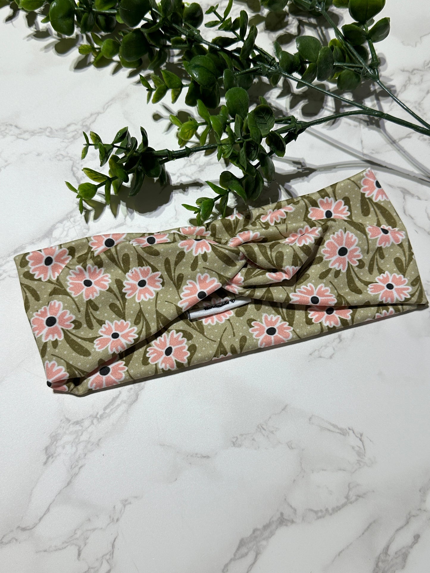 Pink Flowers on Green Swirl Twist Headband