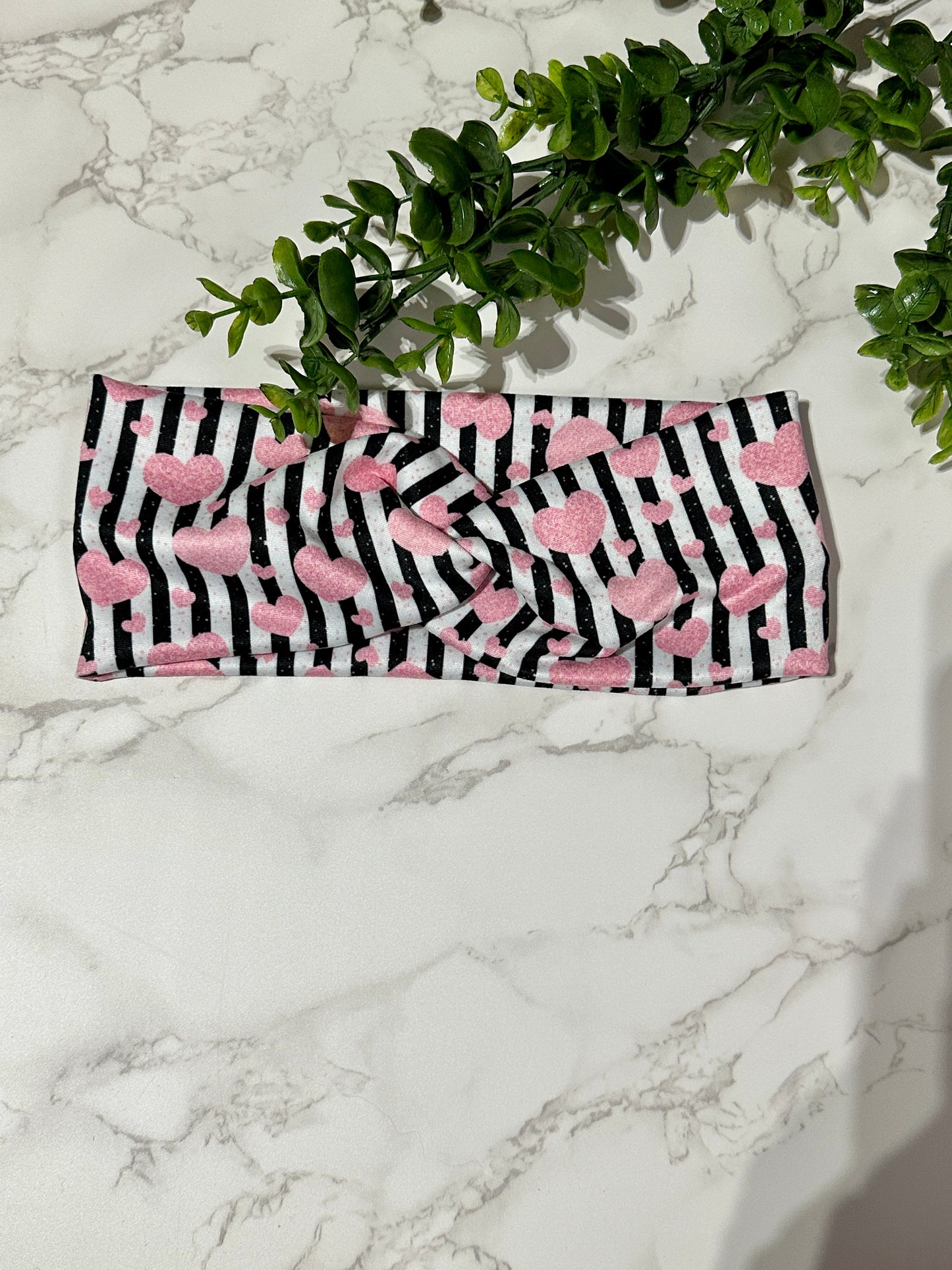 Pink heart/striped twist headband