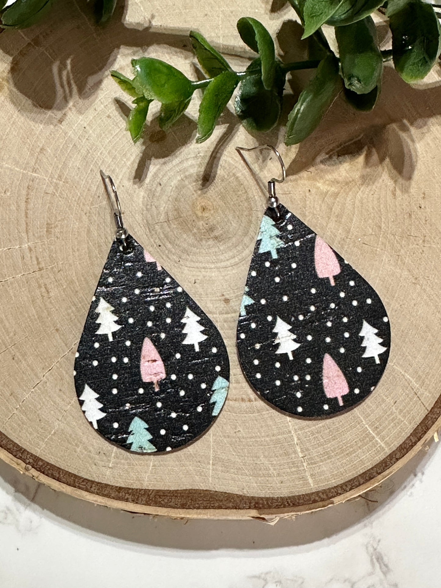 Pastel Trees on Black Teardrop Earrings
