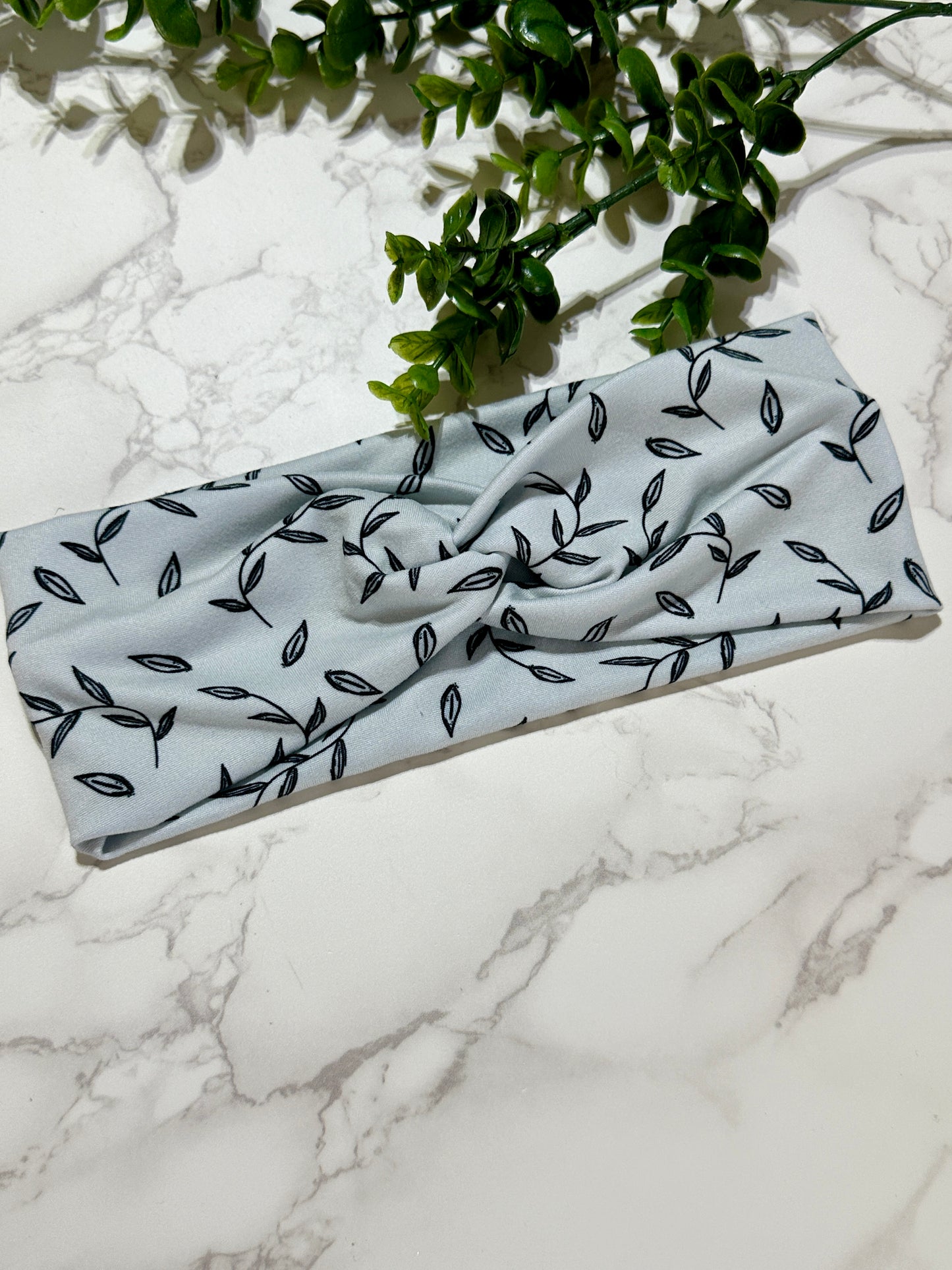 Black Leaves on Grey Twist Headband