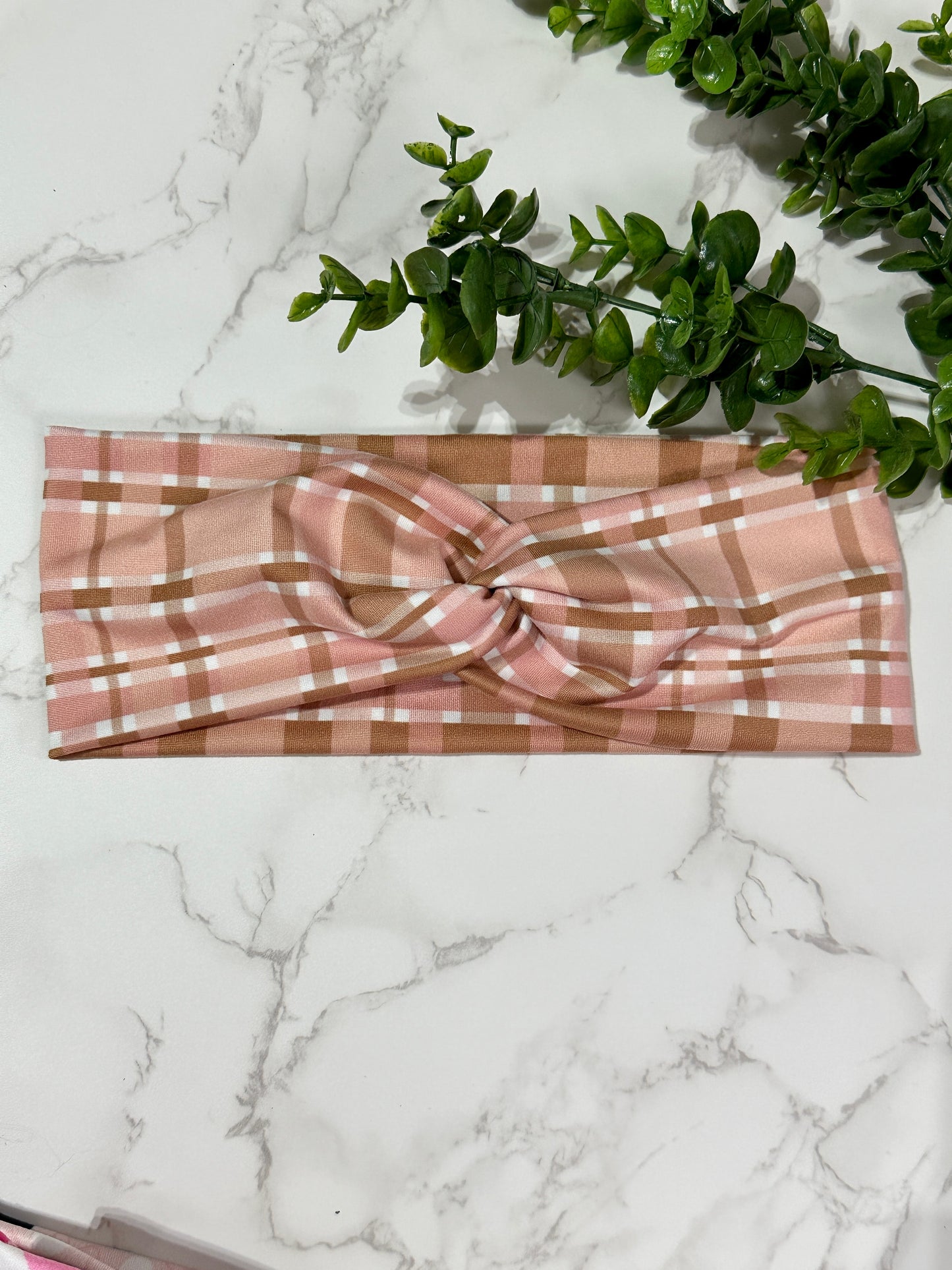 Boho Pink/Brown Plaid twist headband