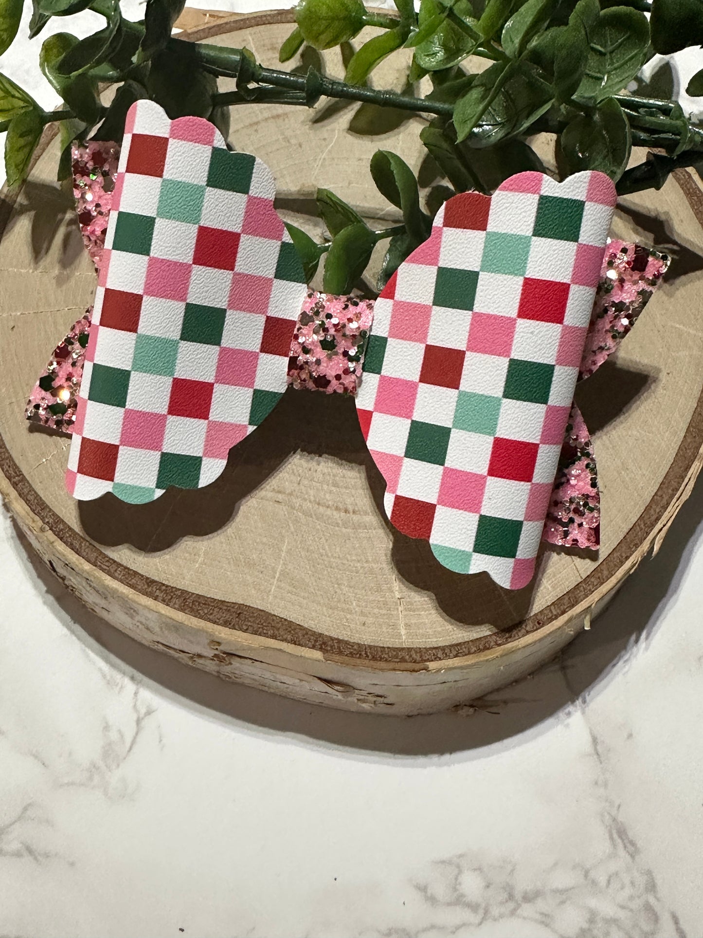Pink/Green Christmas Checkered Hairbow