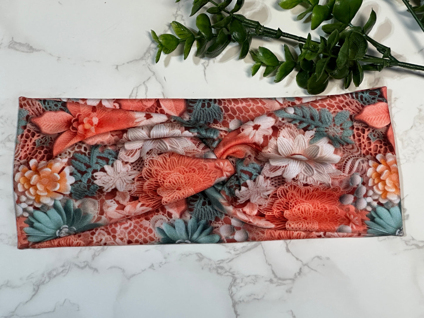 Aqua, Peach, Cream Floral Twist Headband
