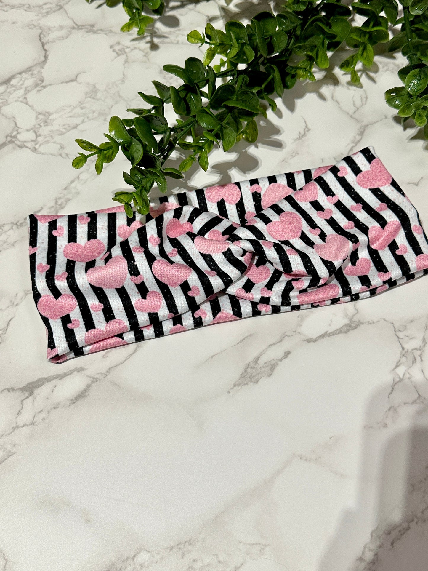Pink heart/striped twist headband
