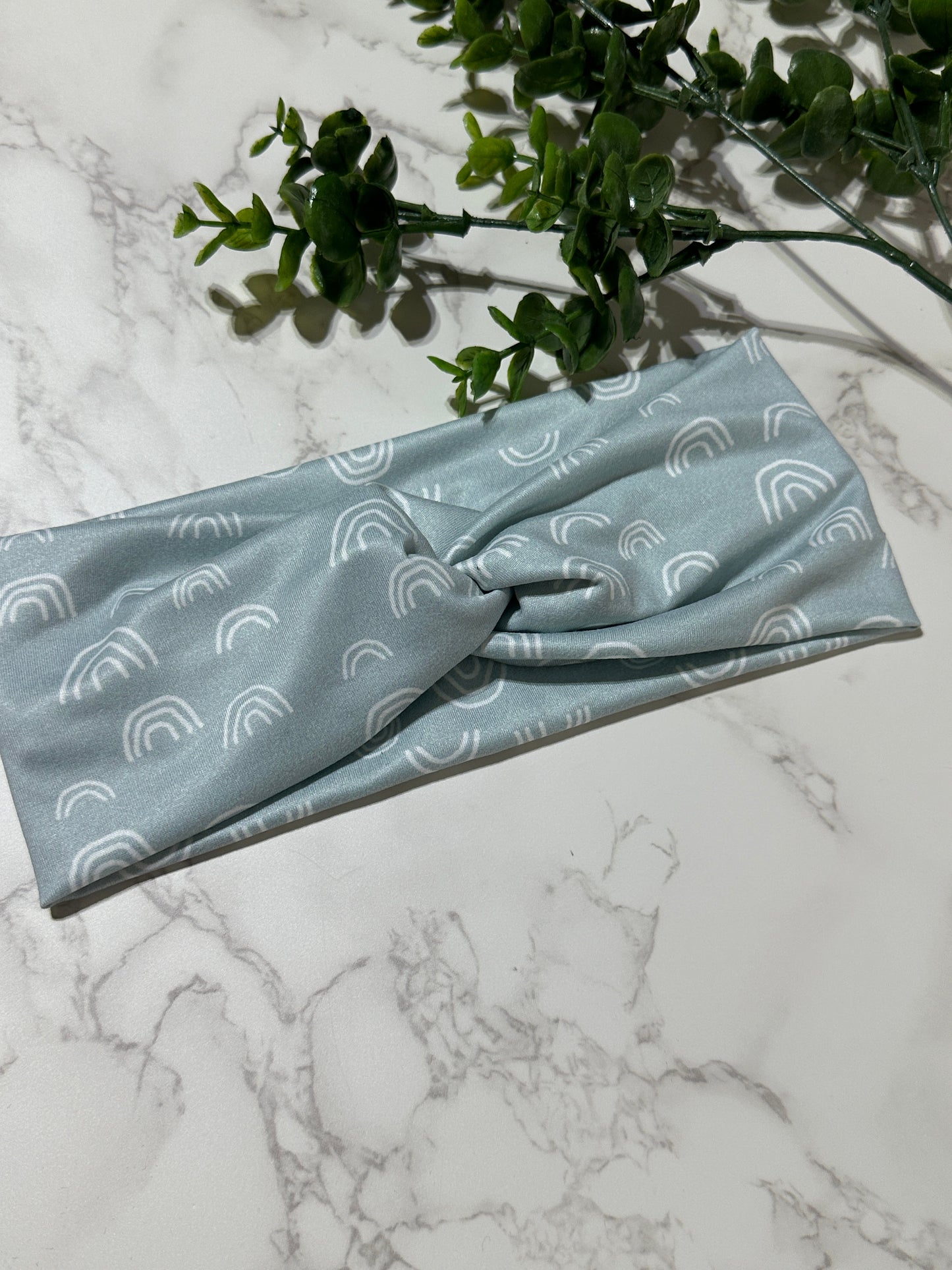 Boho Rainbows on Light Blue Twist Headband