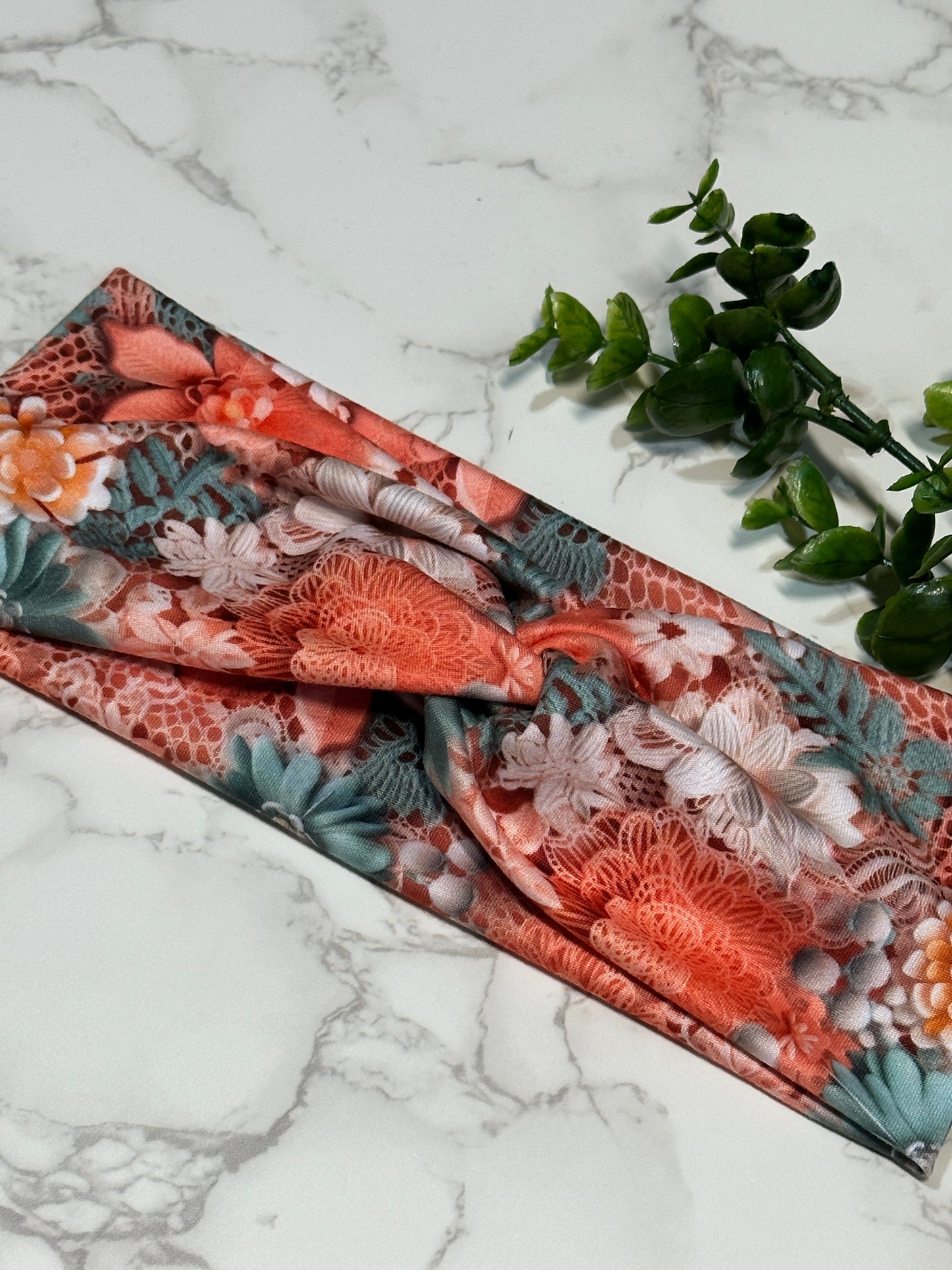 Aqua, Peach, Cream Floral Twist Headband