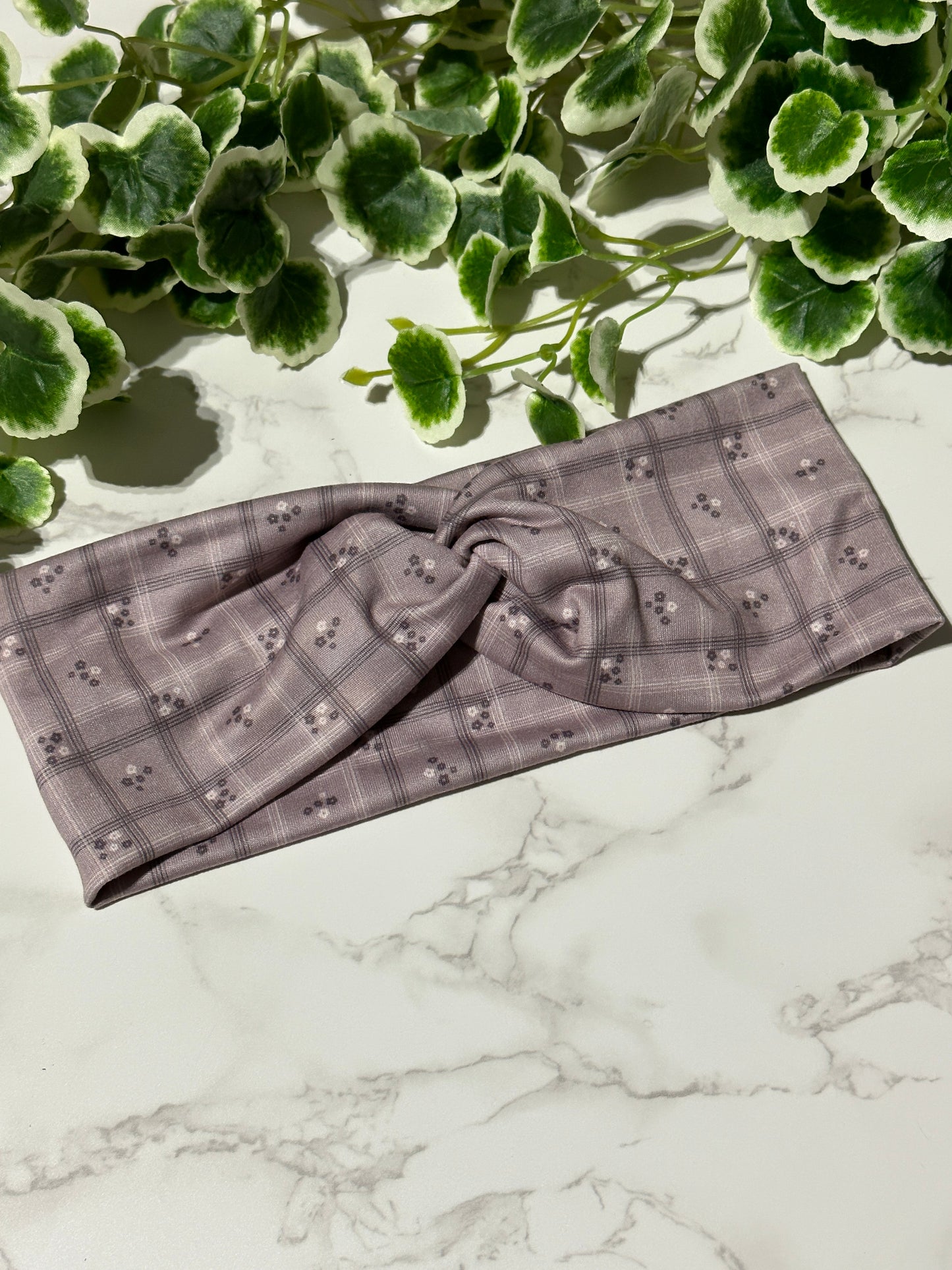Purple plaid/delicate flower twist headband