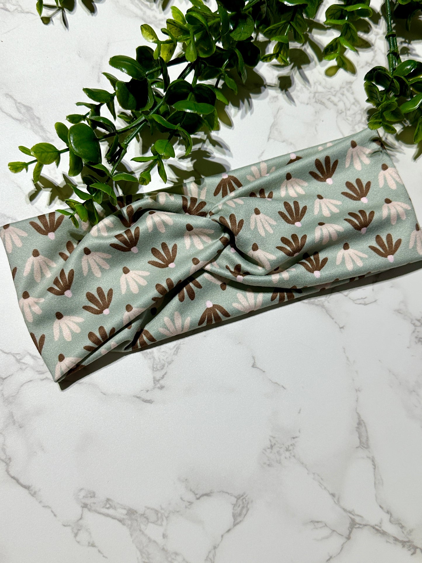 Green Abstract Flowers Twist Headband