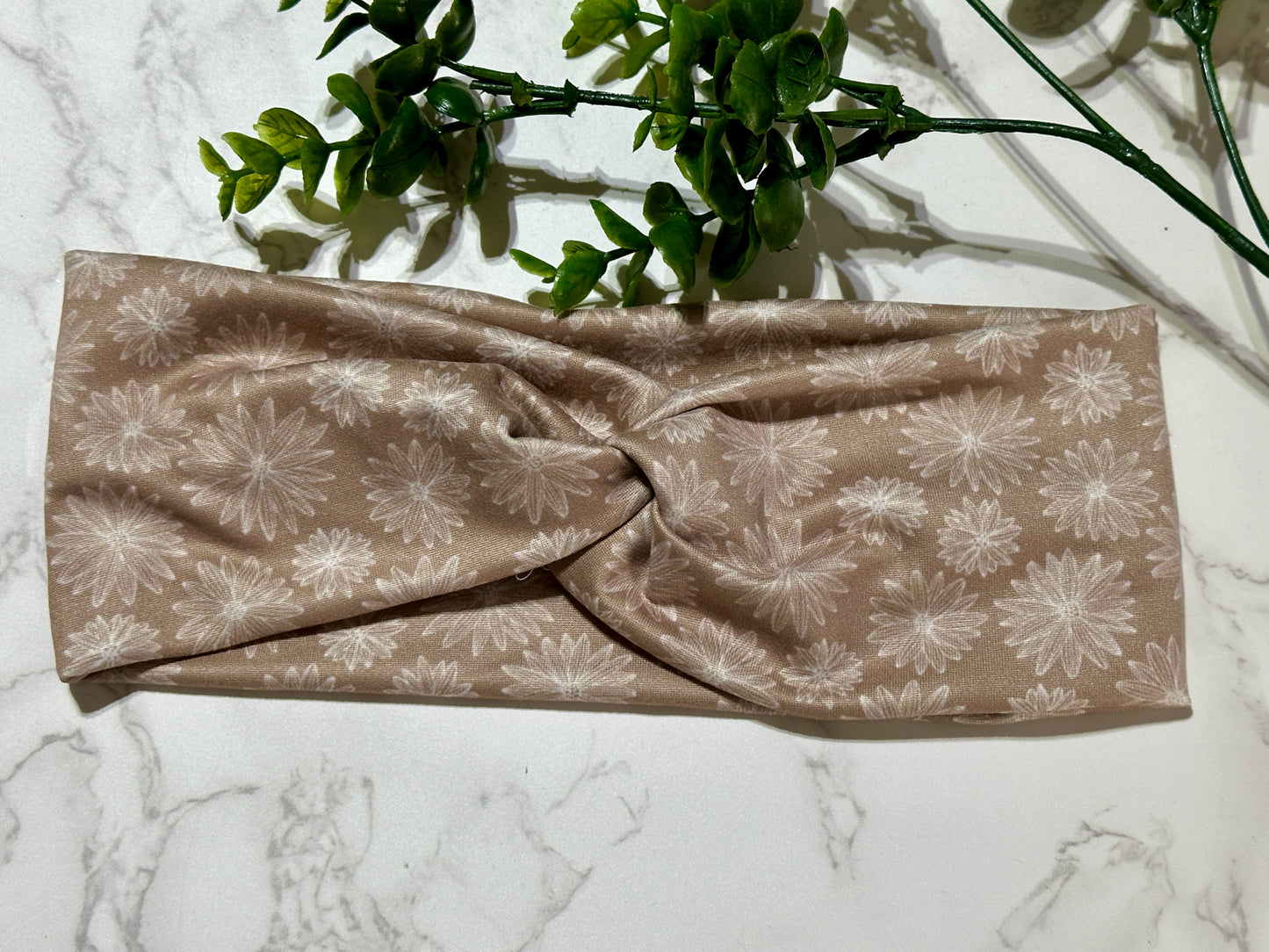 White flowers on taupe twist headband