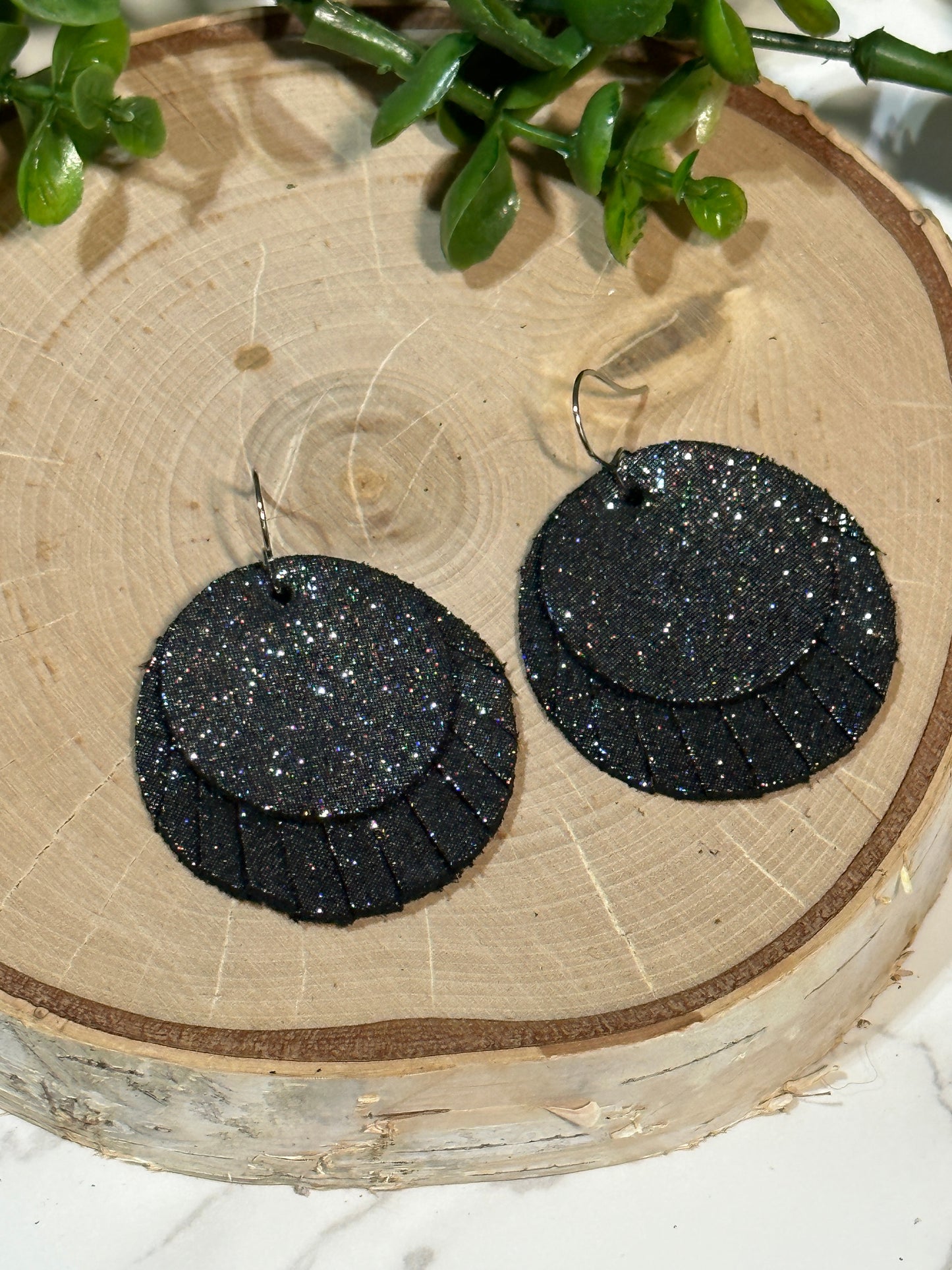 Black Sparkle Double Circle Fringe Earrings
