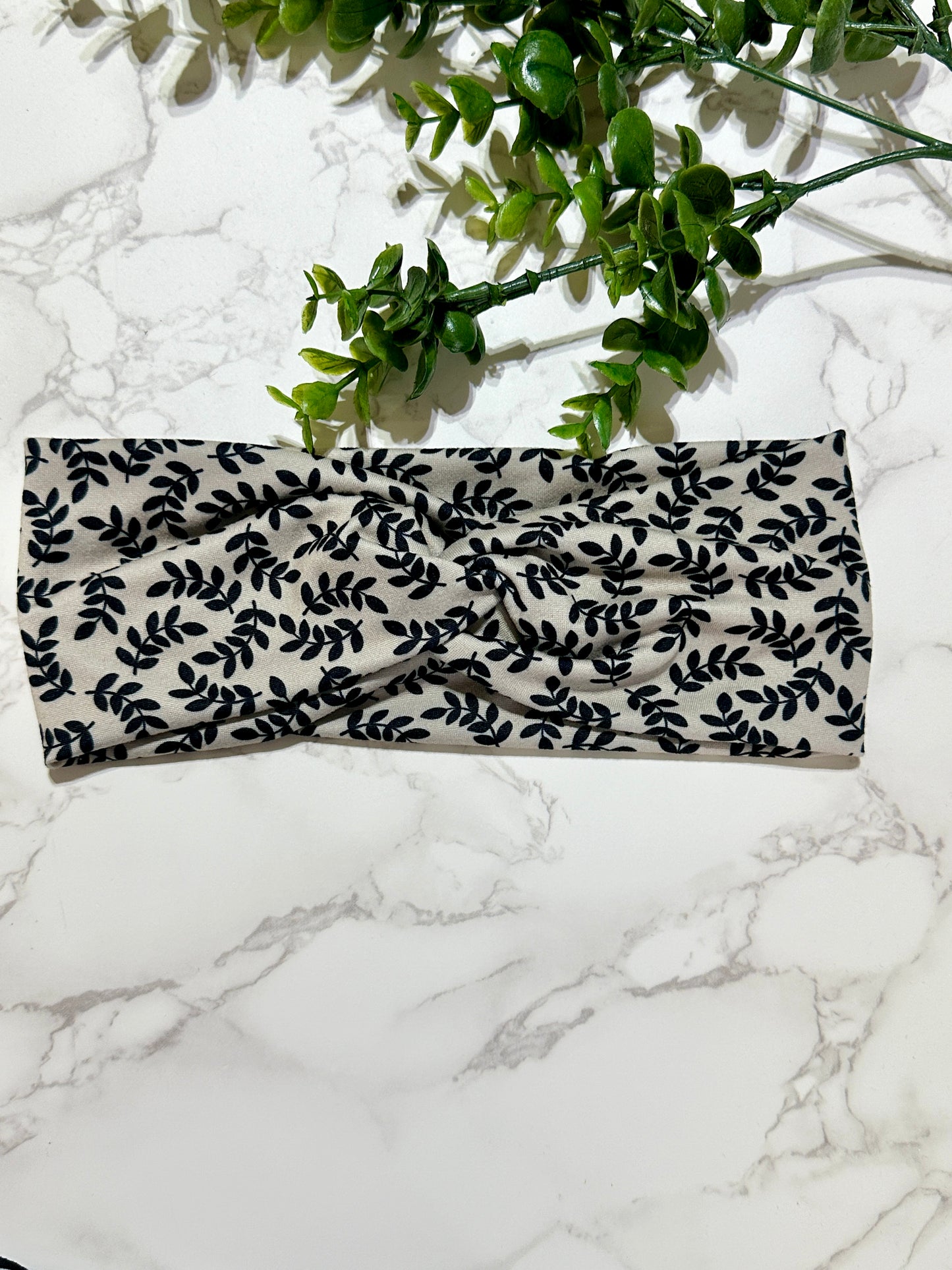 Black Leaves on Taupe Twist Headband