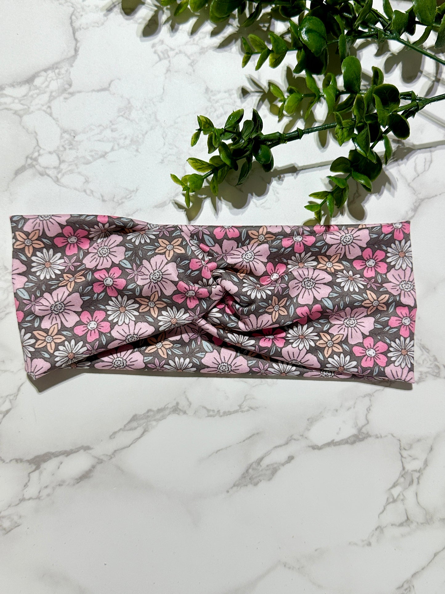 Pink Flowers on Grey Twist Headband