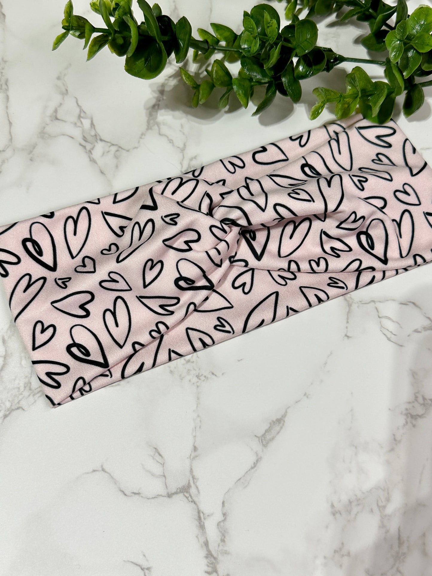 Sketched Hearts Pink Twist Headbands