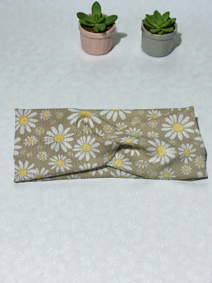 White Daisy on Tan Twist Headband