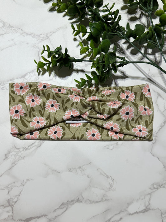 Pink Flowers on Green Swirl Twist Headband