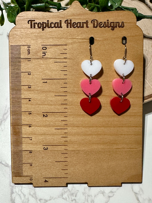 White, Pink, Red Triple Layer Heart Earrings