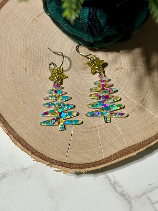 Squiggly 1.25” Tree and Star Earrings - Rainbow Glitter