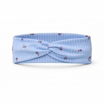 Delicate Flowers on Light Blue Ribbed Twist Headband