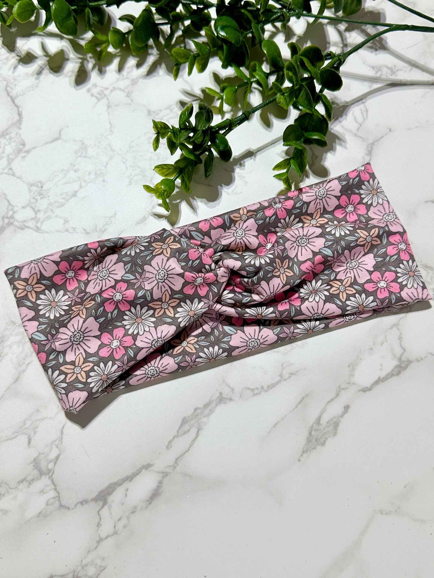 Pink Flowers on Grey Twist Headband