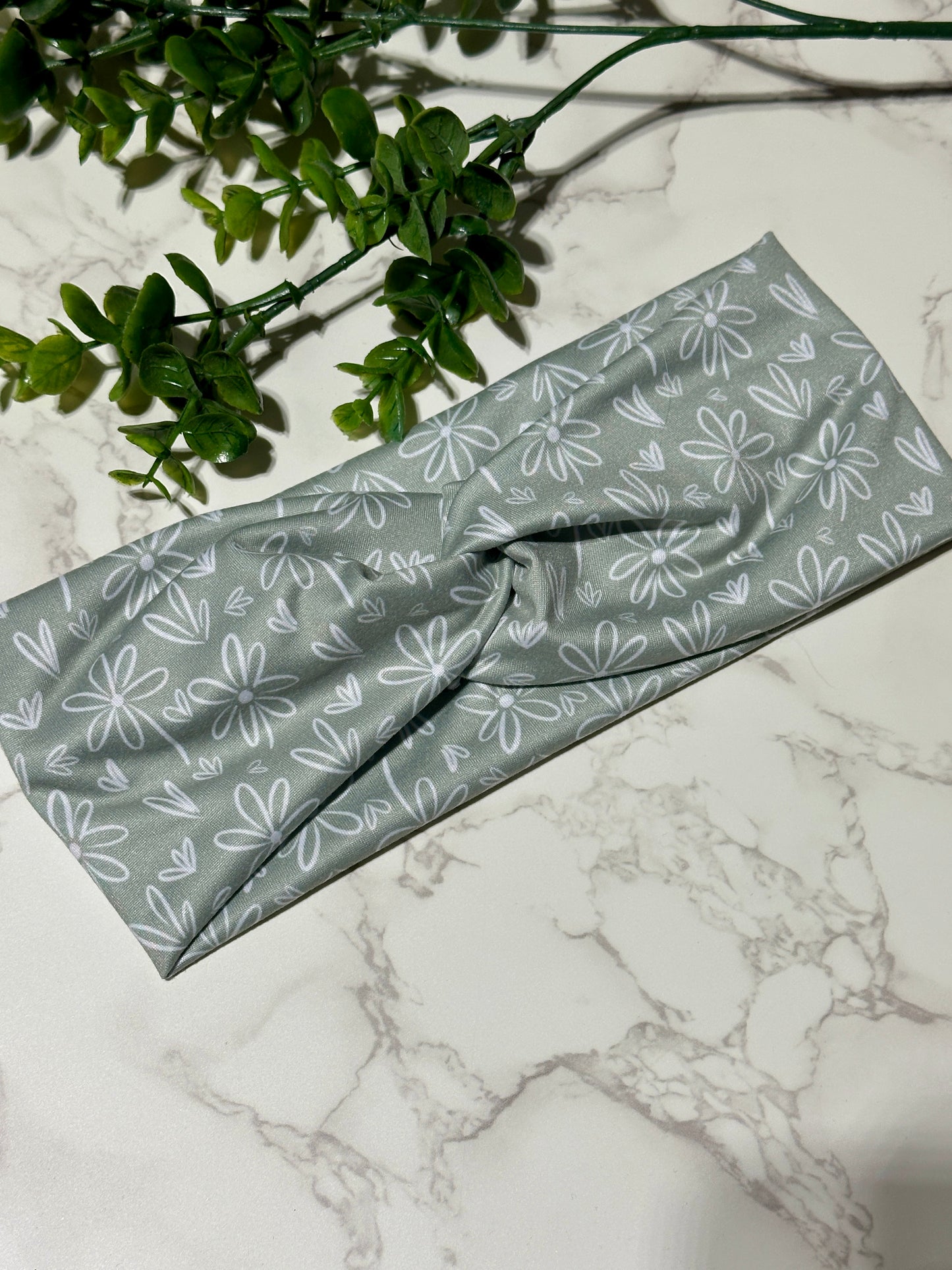 White Doodle Flowers on Sage Twist Headband