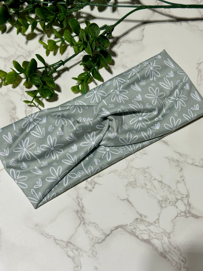 White Doodle Flowers on Sage Twist Headband