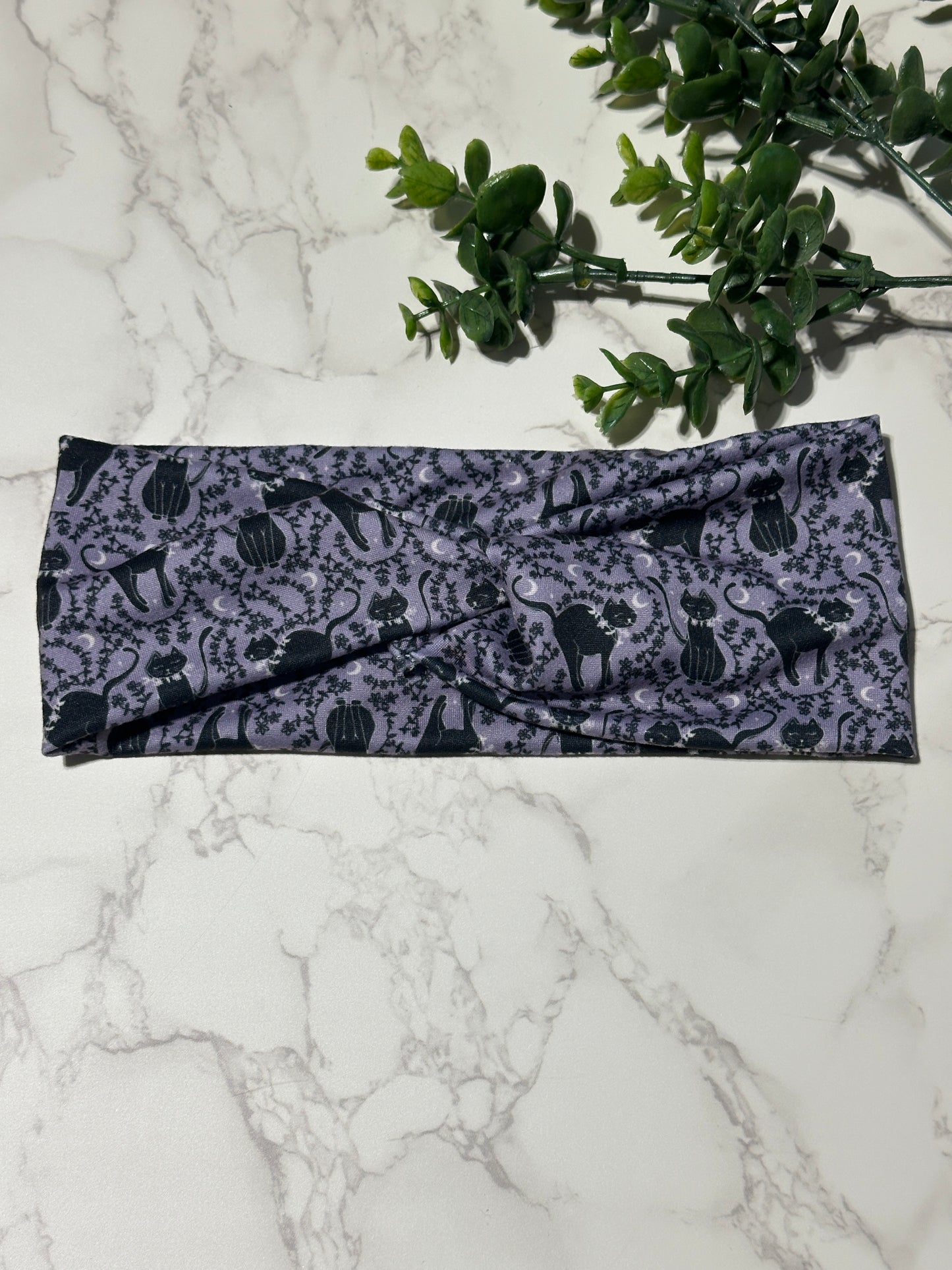 Black Cat on Purple Twist Headband